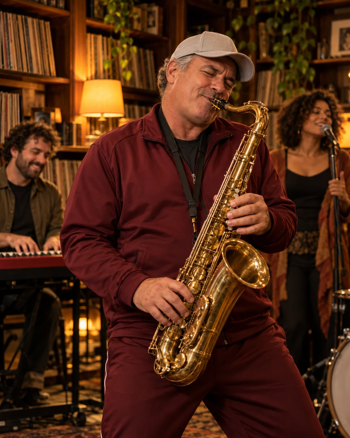 AI concept artwork of a fictional coach in an unbranded tracksuit playing saxophone