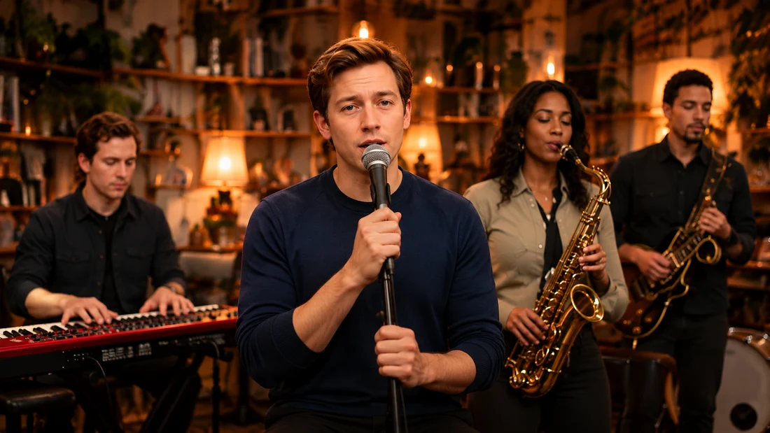 A complete band performing together in the record-filled studio