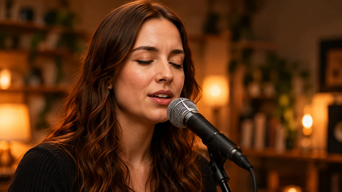 A vocalist singing into a microphone in the warm recording room